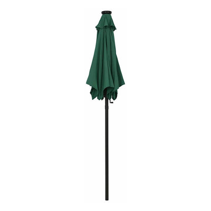 The green garden parasol with LED lights closed and folded up on its pole