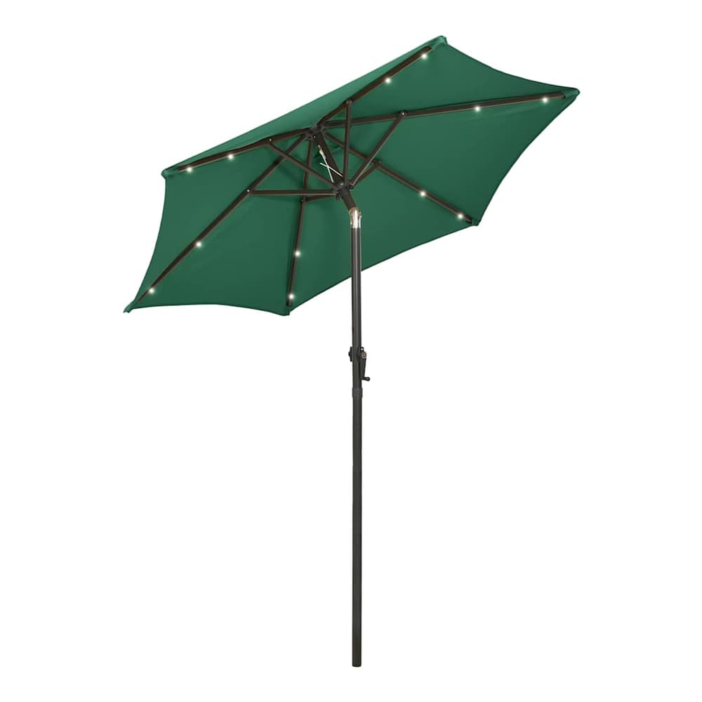 The green garden parasol with LED lights, tilted to show the internal structure and lights