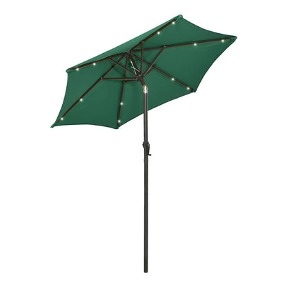 The green garden parasol with LED lights, tilted to show the internal structure and lights