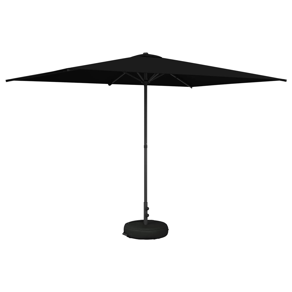 The outdoor umbrella fully opened with its black canopy and sturdy base on a plain white background
