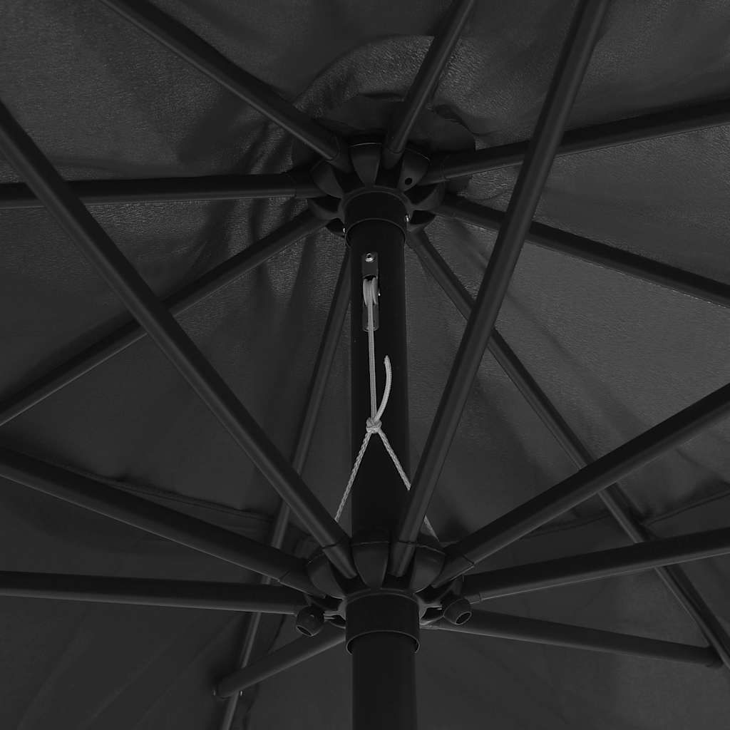 Close-up of the internal structure of a black garden parasol, showing metal ribs and canopy attachment