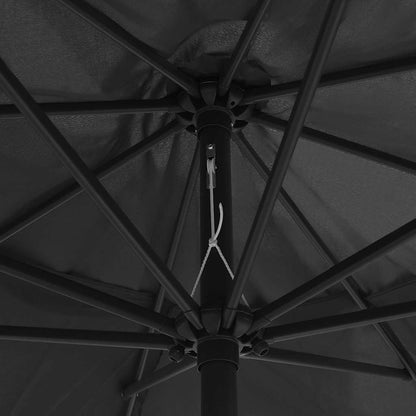 Close-up of the internal structure of a black garden parasol, showing metal ribs and canopy attachment