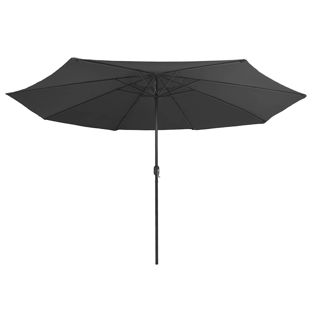 A rectangular garden parasol is shown open, with a metal pole and black canopy