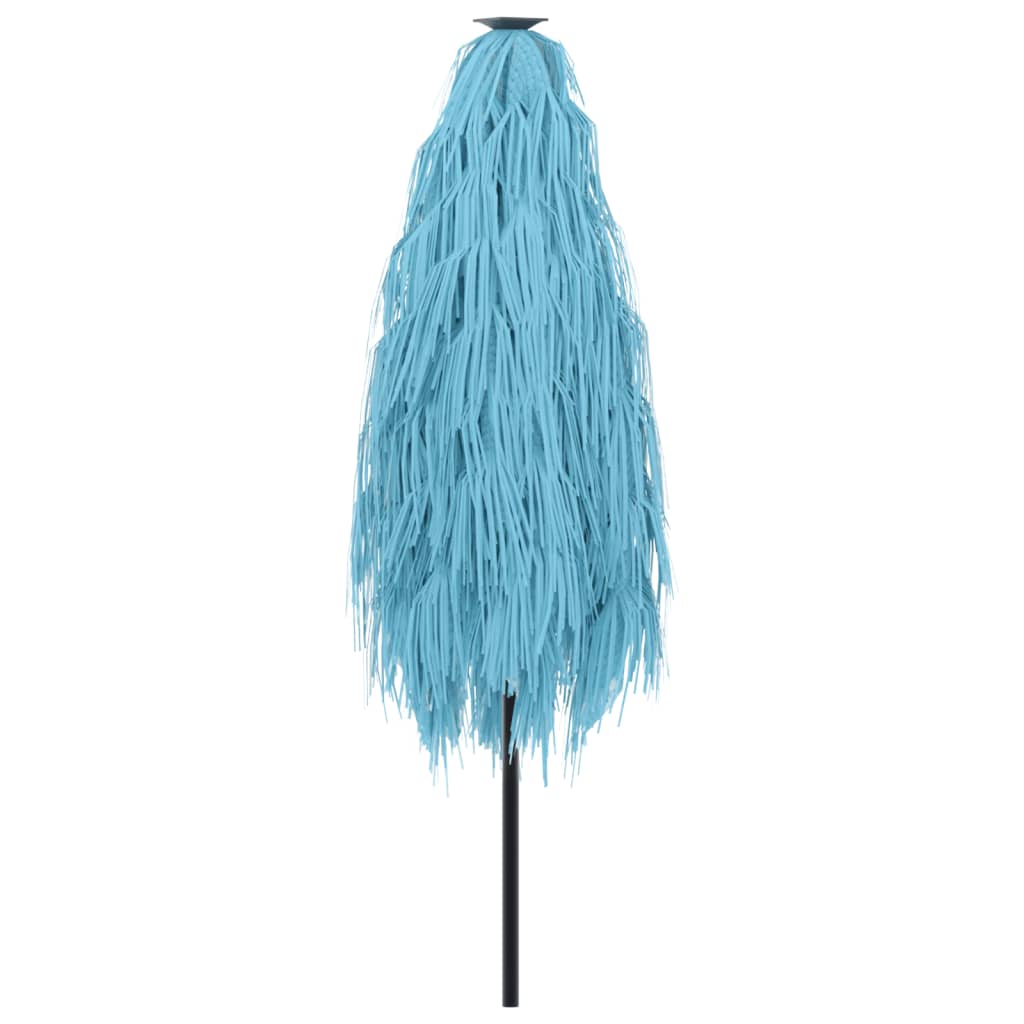 the blue garden parasol closed and tied at the top
