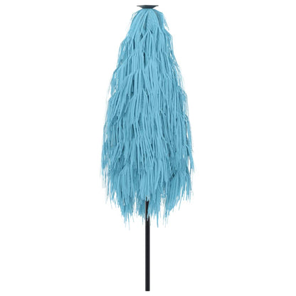 the blue garden parasol closed and tied at the top
