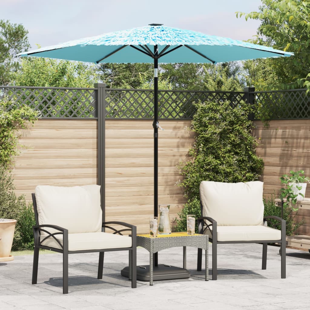 vidaXL Garden Parasol with Steel Pole Blue set up in a garden with chairs and a table