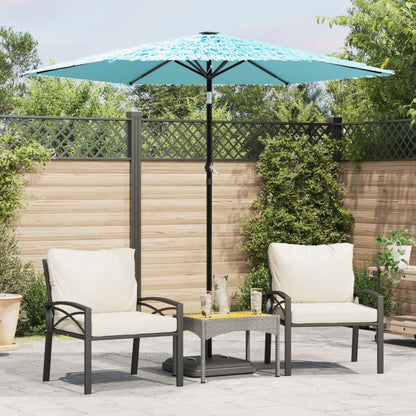 vidaXL Garden Parasol with Steel Pole Blue set up in a garden with chairs and a table