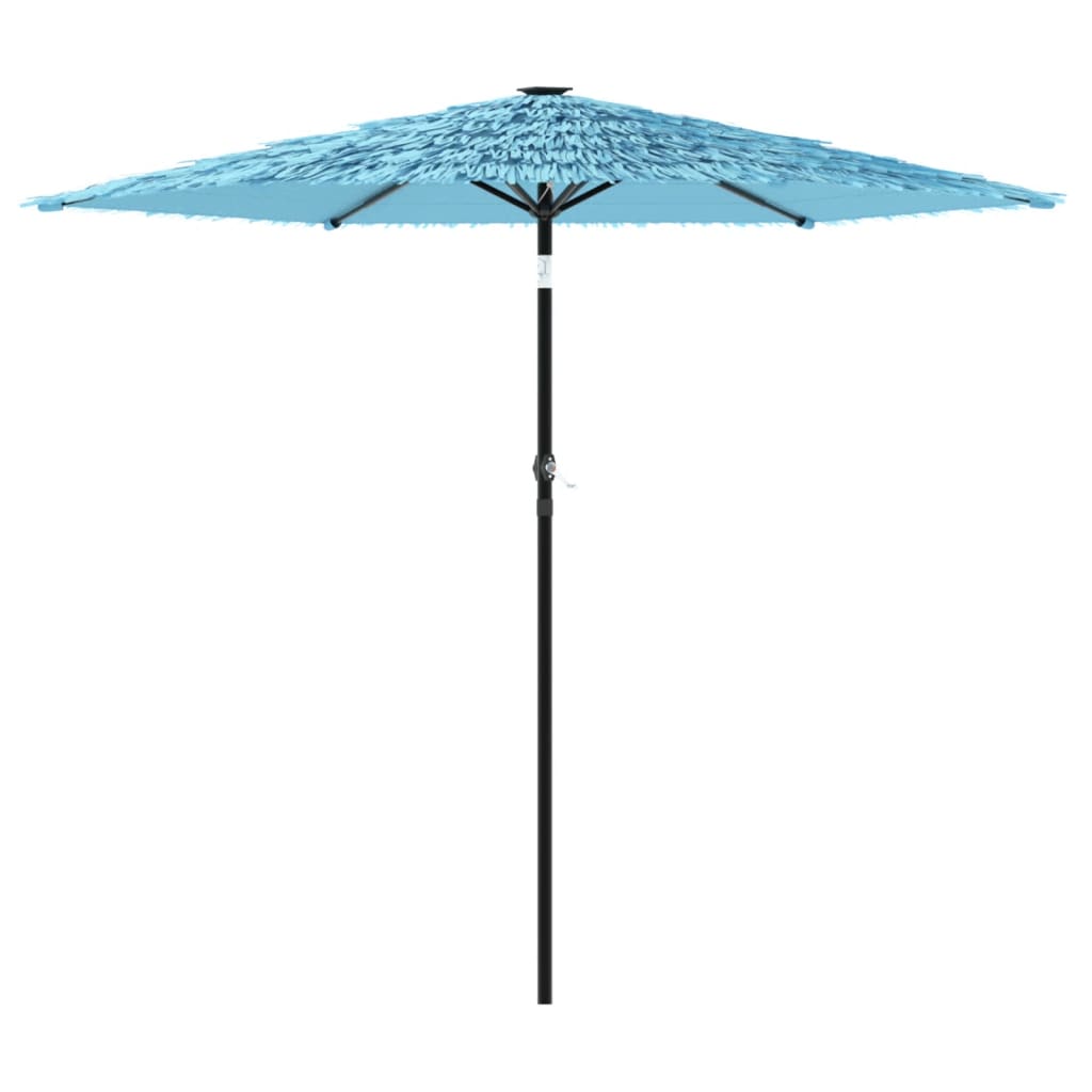 the blue garden parasol fully open showing the patterned canopy