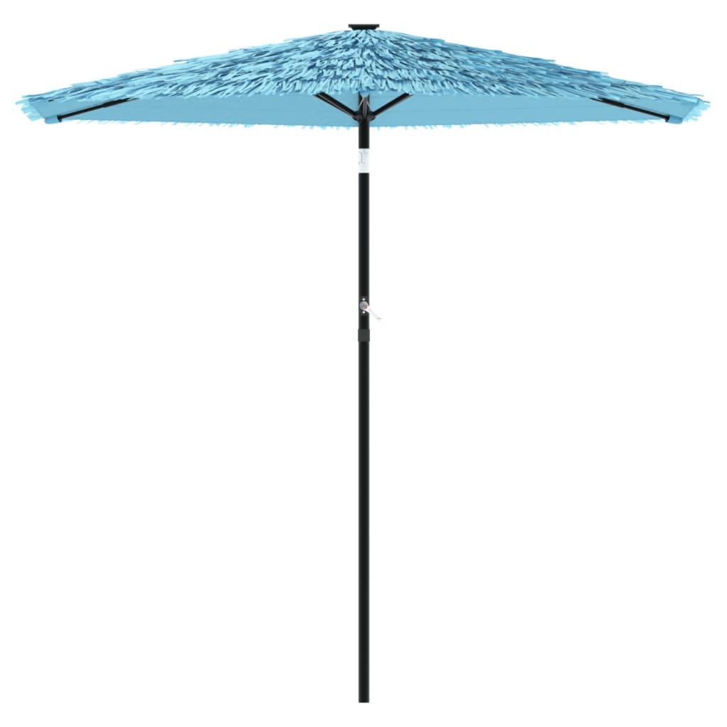 the blue garden parasol open with a fringed edge