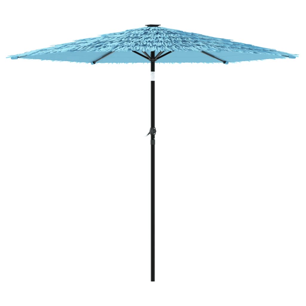 the blue garden parasol open showing the steel pole