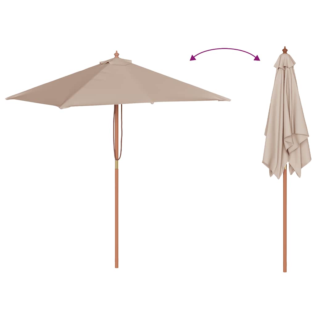 The taupe outdoor umbrella open and closed with a directional arrow