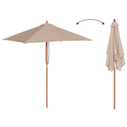 The taupe outdoor umbrella open and closed with a directional arrow