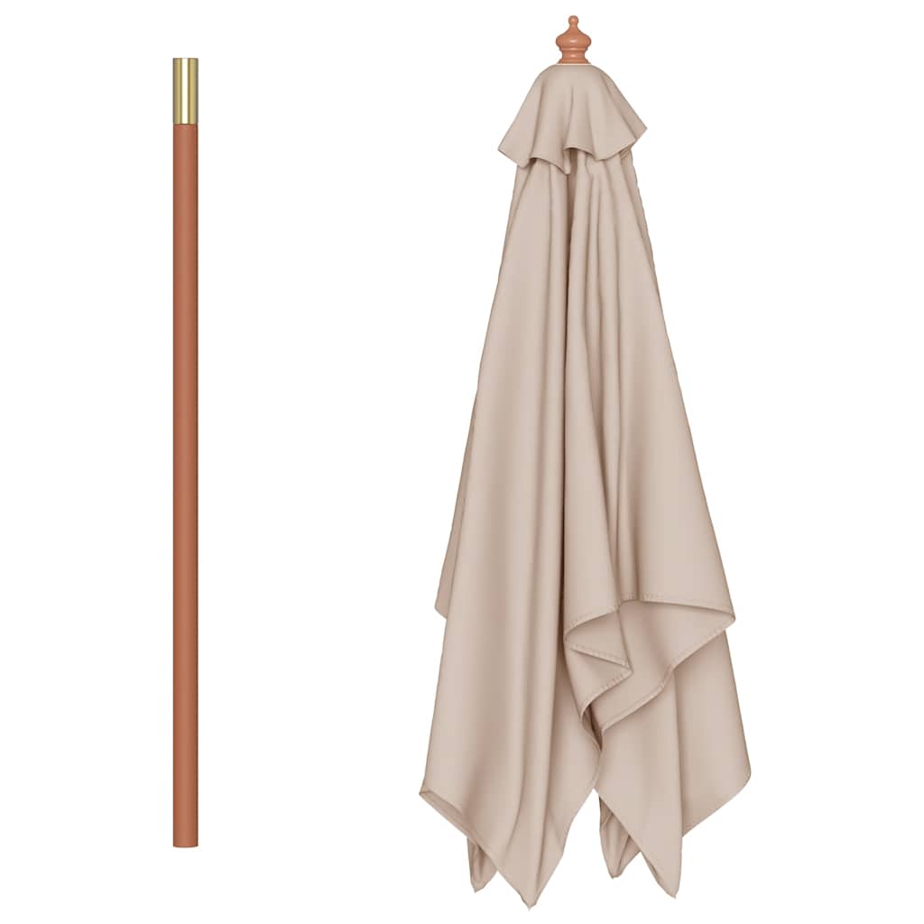 The wooden pole and folded taupe outdoor umbrella