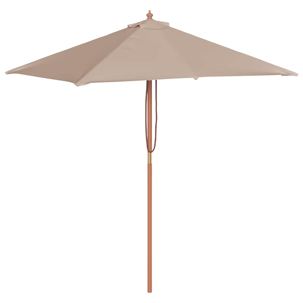 The outdoor umbrella is taupe coloured with a wooden pole