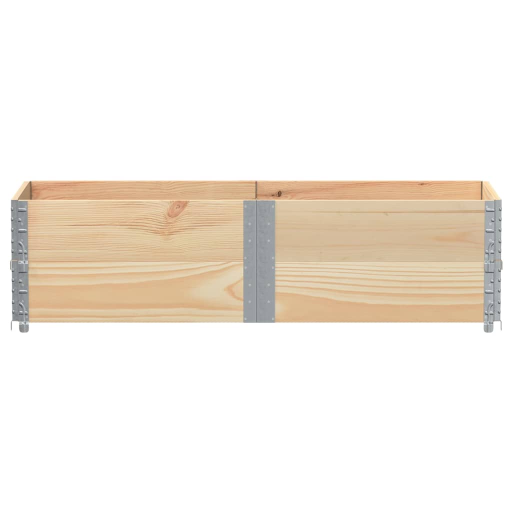 A wooden planter box with metal corner brackets, viewed from the front