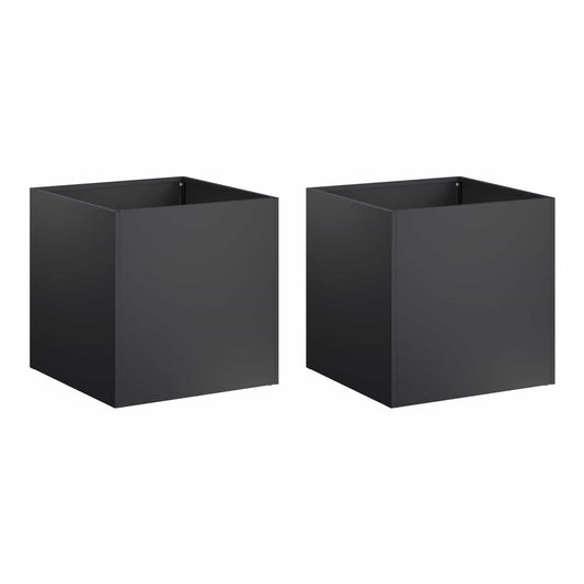 The two black square garden planters standing side by side against a plain white background