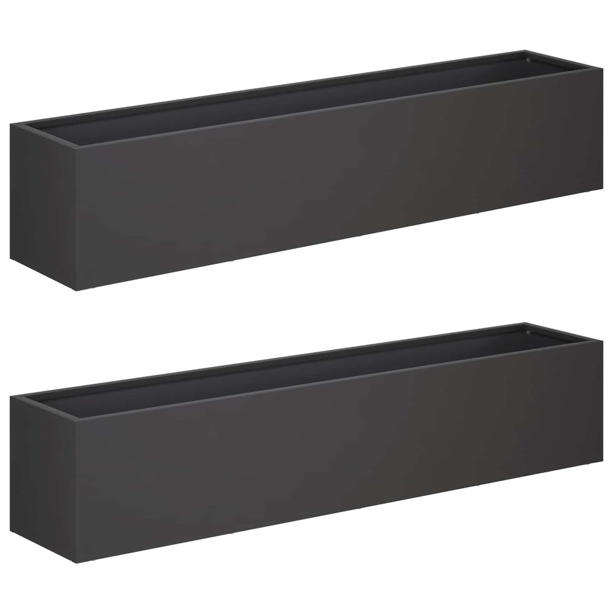 The two black rectangular garden planters shown from a high angle