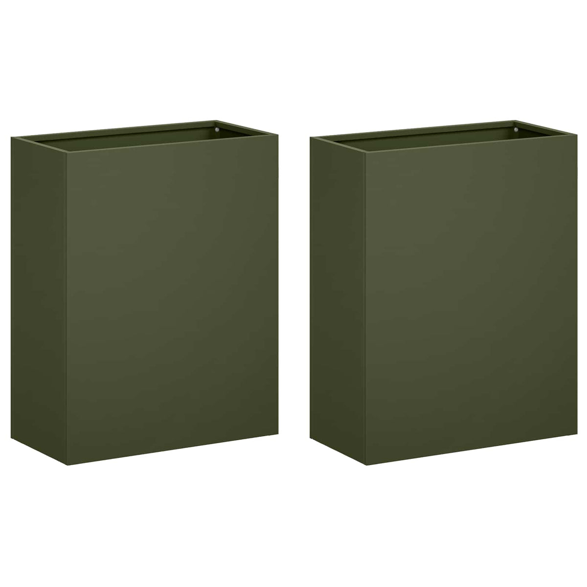 Two olive green rectangular garden planters standing side by side on a white background