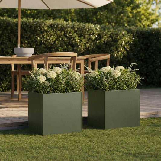 vidaXL Garden Planter 2 pcs Olive Green square planters with plants on a wooden deck