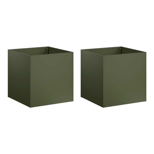 Two olive green square garden planters side by side on a white background
