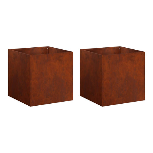 Two rusty weathering steel cube garden planters side by side
