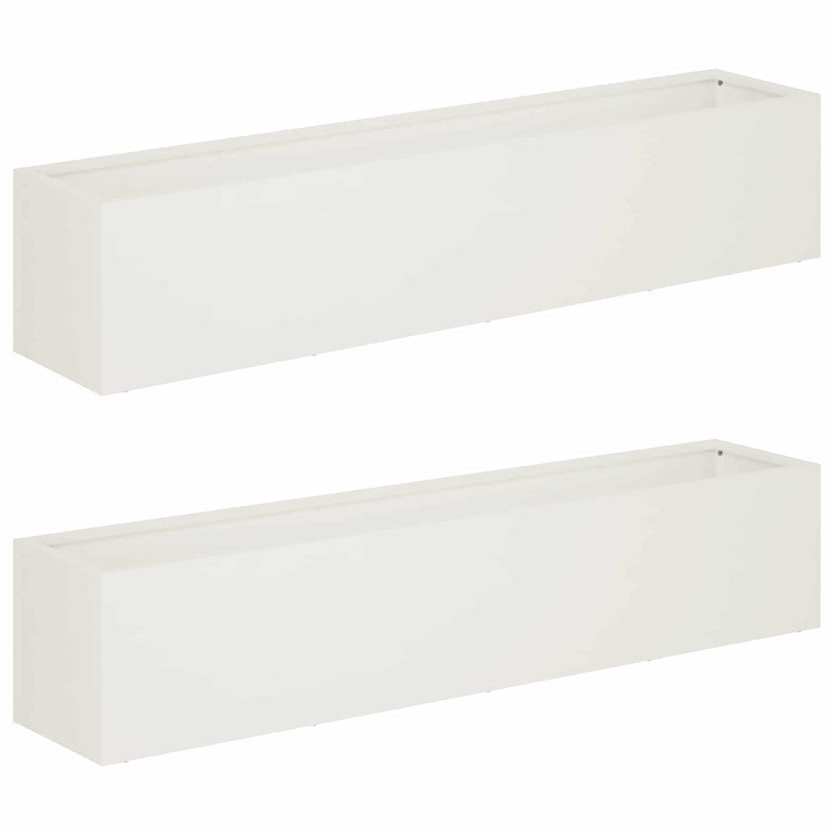 Two white rectangular planters shown side by side on a wooden deck