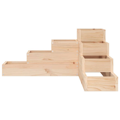 The wooden garden planter viewed from the right side showing the stepped levels