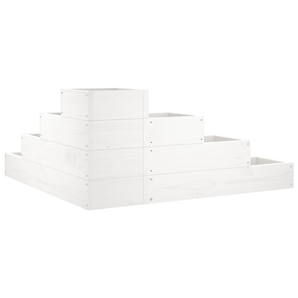 The white tiered planter, viewed from a corner showing the tiered levels