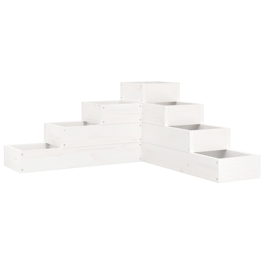 The white wooden tiered planter, showing the empty boxes from a side angle
