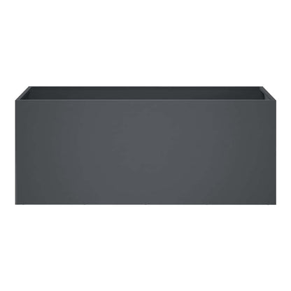 A dark grey rectangular garden planter against a white background
