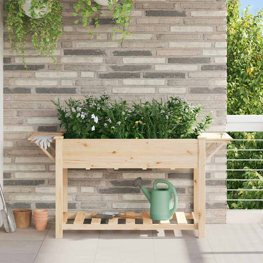 vidaXL Garden Planter Beige Solid Fir Wood filled with green plants on a patio against a brick wall