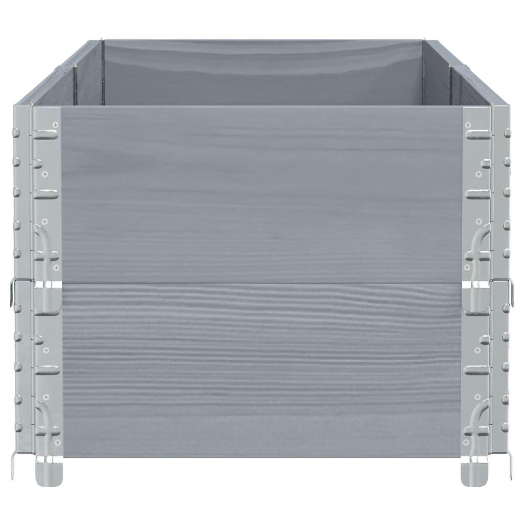 Grey solid wood pine planter box, angled front view showing the construction