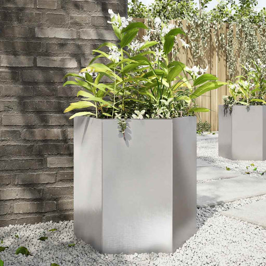 vidaXL Garden Planter Hexagon Stainless Steel placed on a gravel path in a garden setting