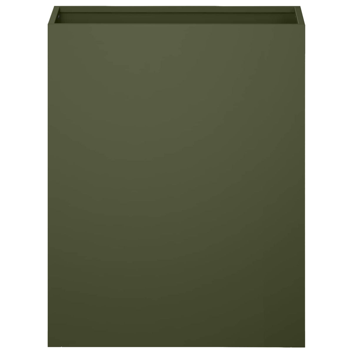 The garden planter viewed directly from the front showing the solid olive green surface
