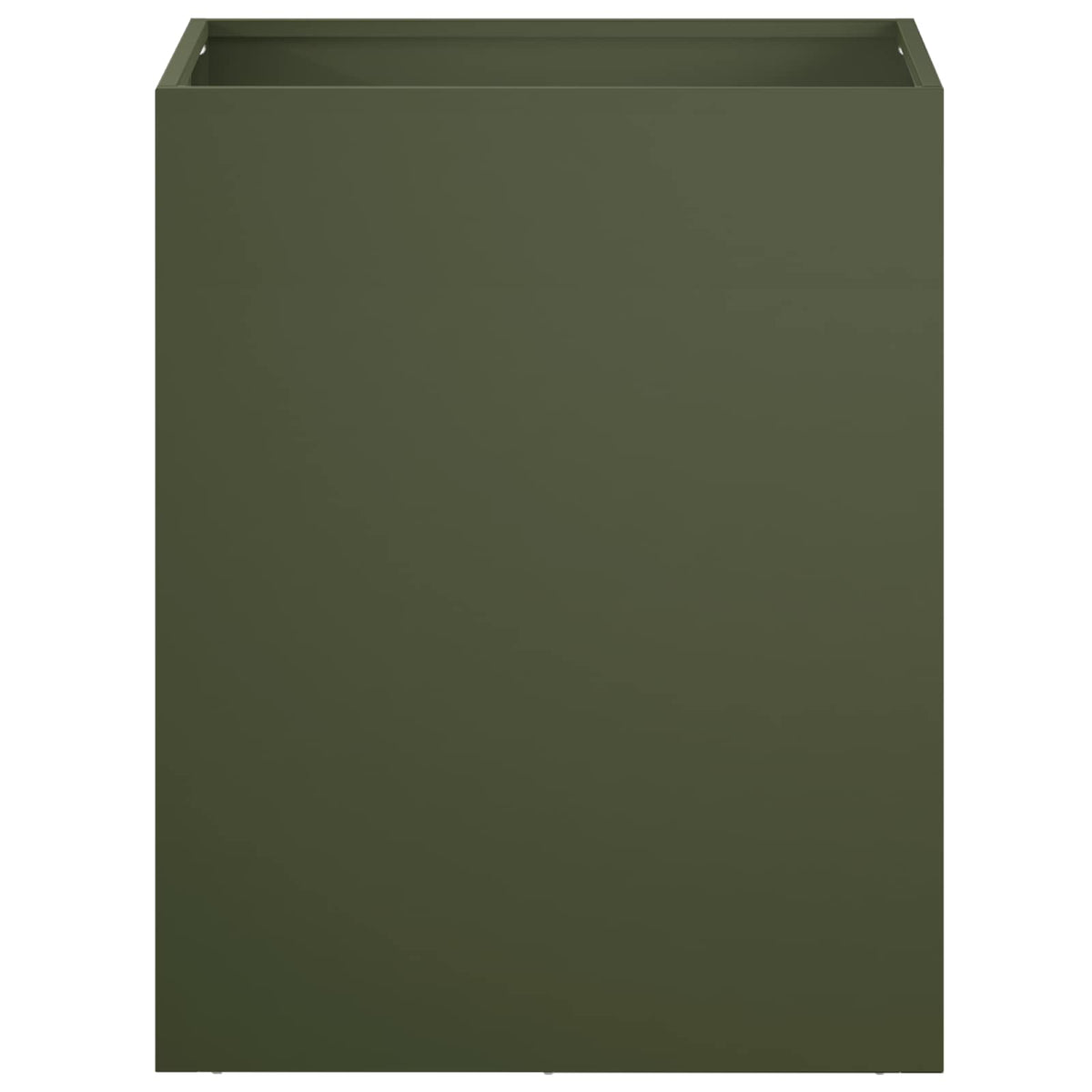 An olive green garden planter shown from the front