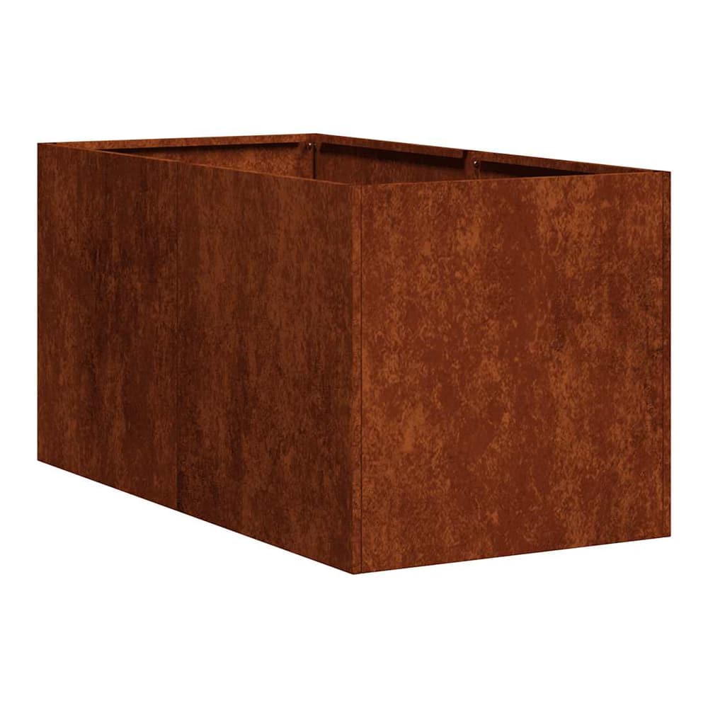 Close-up of the rusty weathering steel planter showing its textured surface