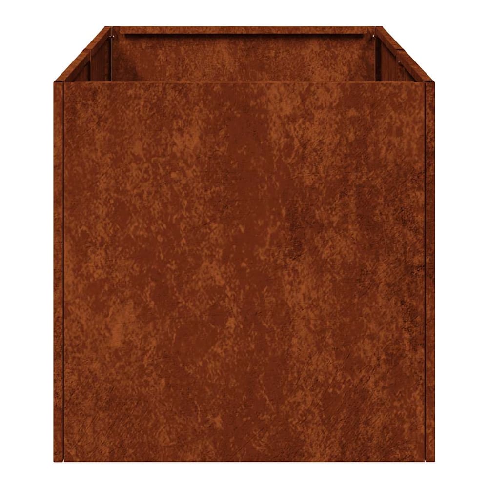 Front view of the rusty weathering steel planter, showing its rectangular shape