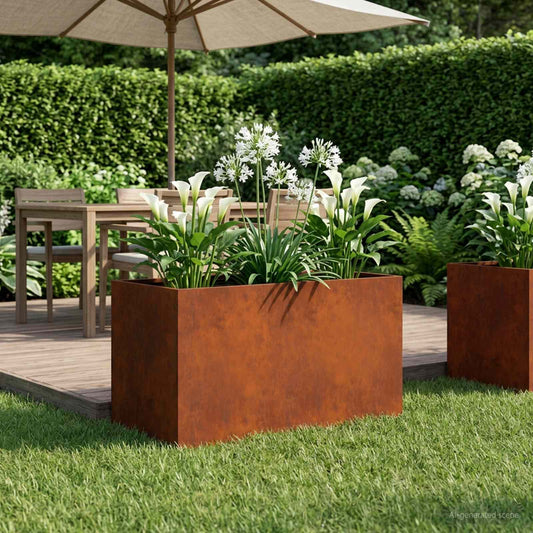 vidaXL Garden Planter Rusty Weathering Steel rectangular planter in a garden setting