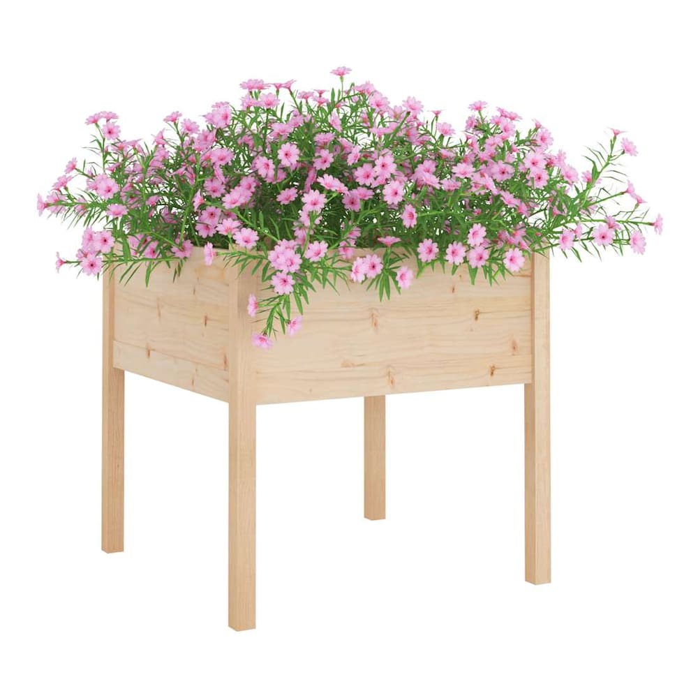 A light wood square garden planter on four legs, filled with pink flowers