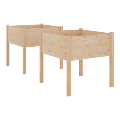 two wooden planters on legs, shown from a low angle