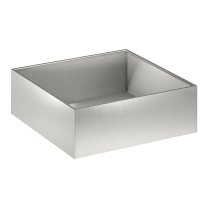 Empty rectangular stainless steel planter, showing the brushed metal finish