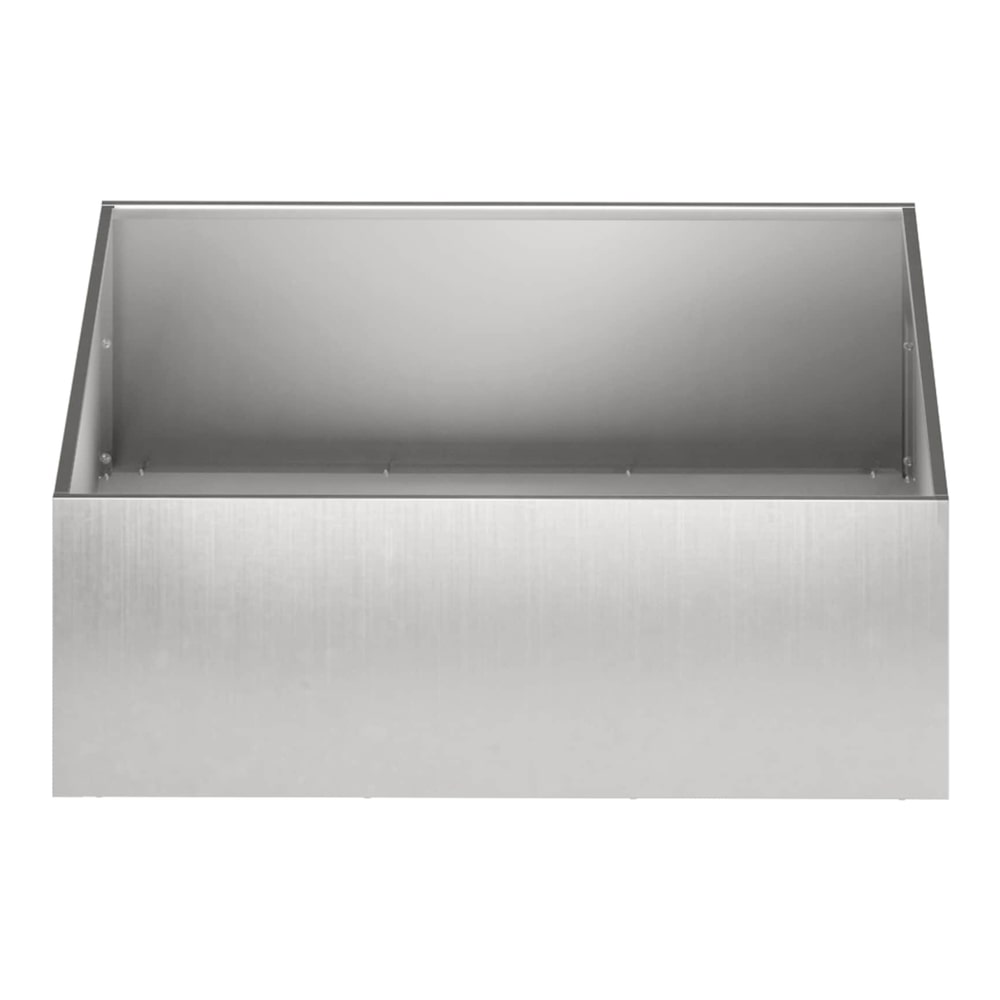 The silver stainless steel planter shown from a low angle, empty