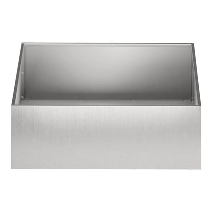 The silver stainless steel planter shown from a low angle, empty