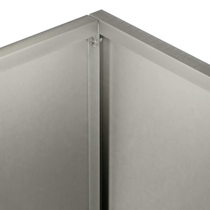 Close-up of the corner join on a silver stainless steel planter