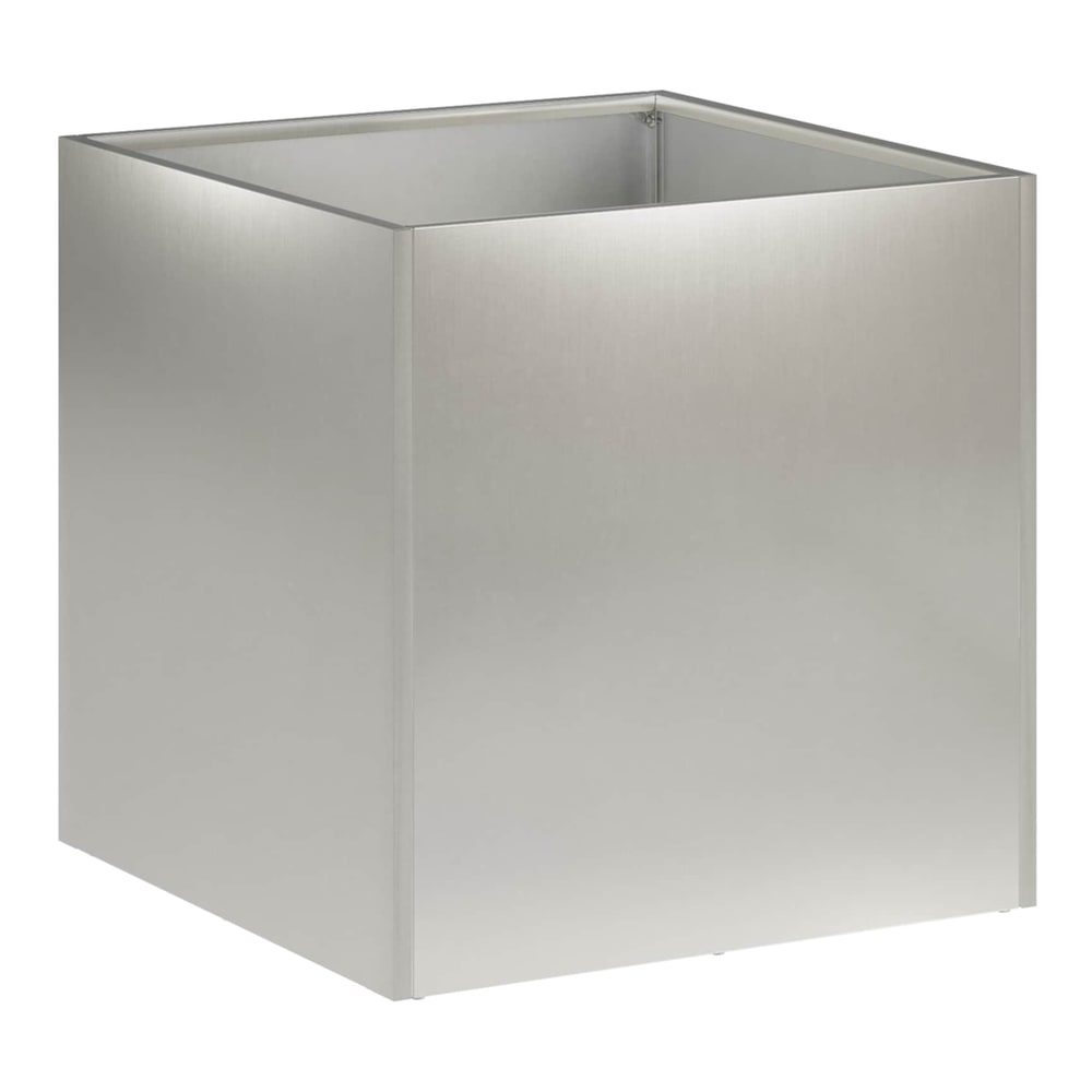 A single silver stainless steel garden planter shown from the front