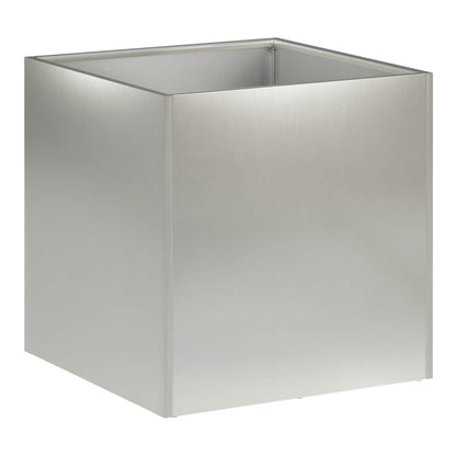 A single silver stainless steel garden planter shown from the front