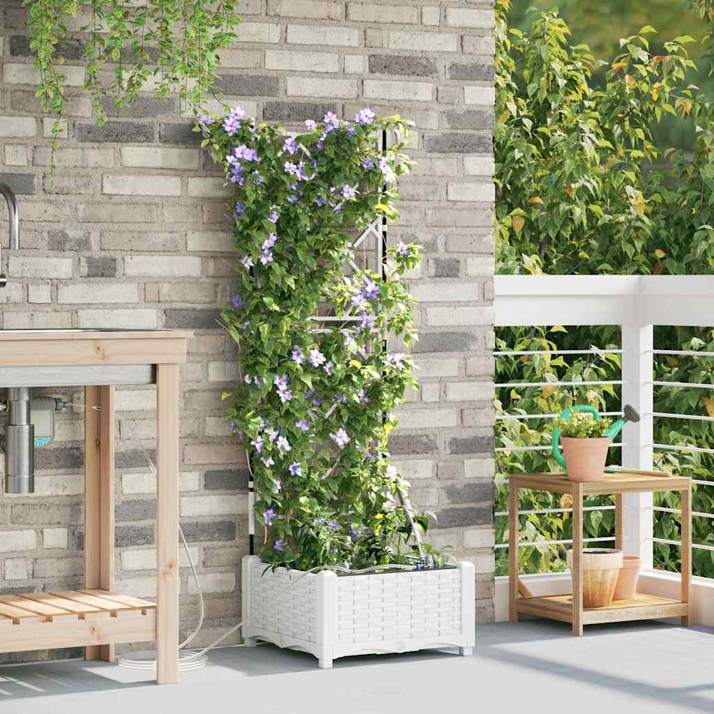 vidaXL Garden Planter White PP a tall white planter with a trellis covered in climbing plants