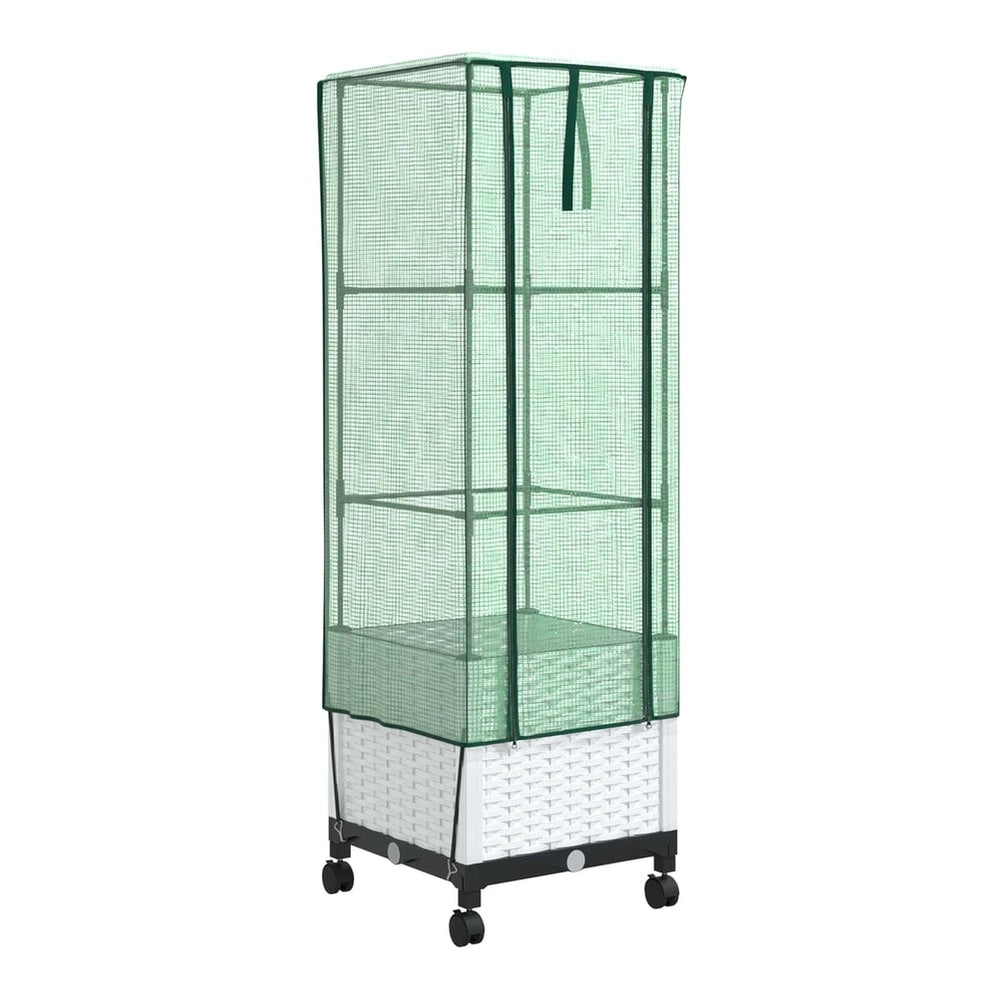 White wheeled planter with a green greenhouse cover, showing the full structure