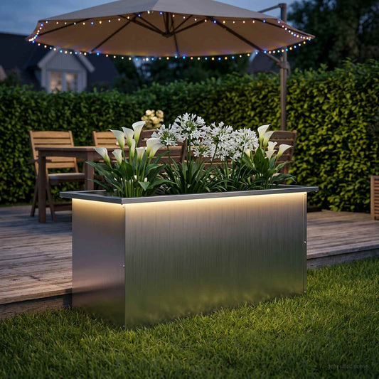 vidaXL Garden Planter with LED Silver Galvanised Steel shown with white flowers and outdoor lighting