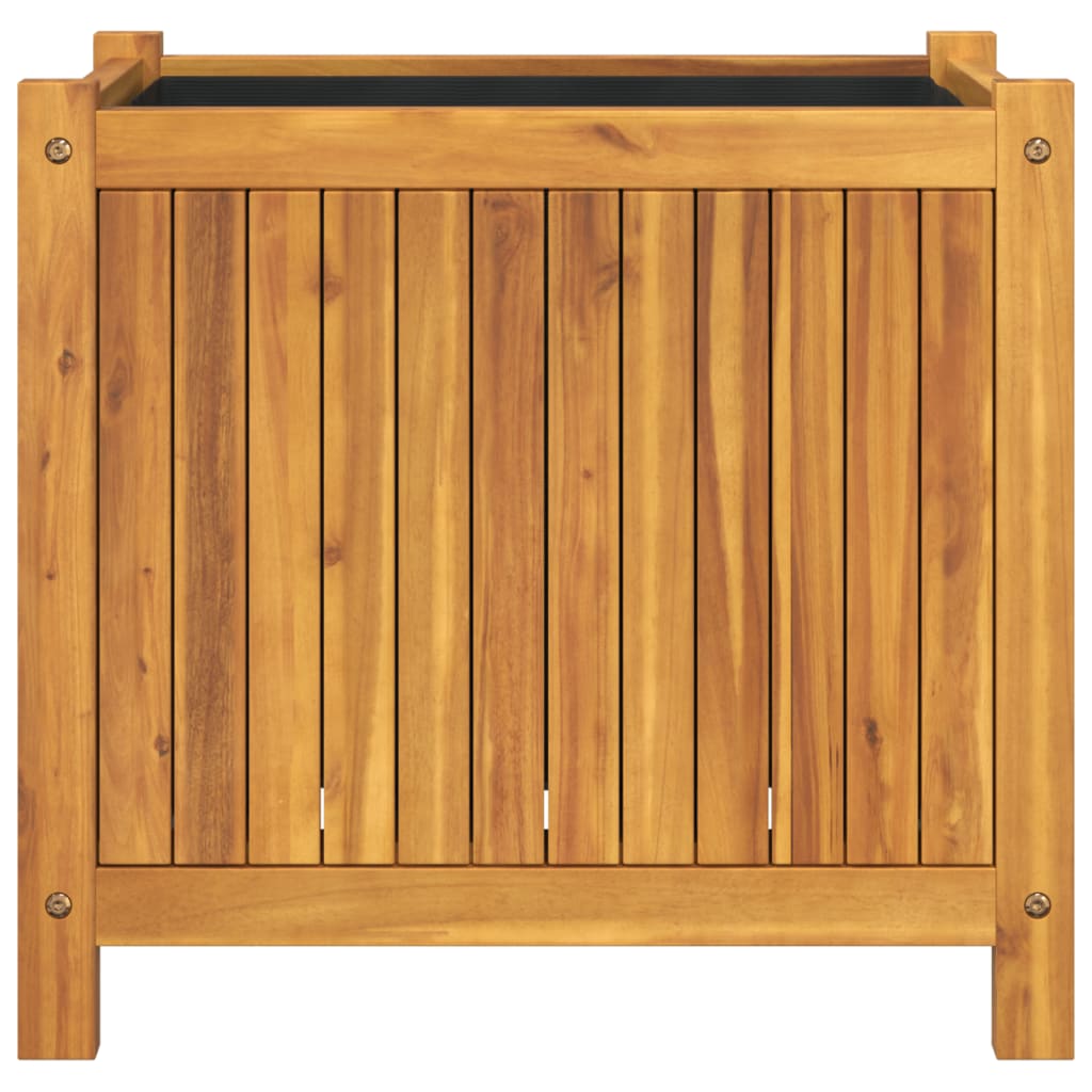 The wooden garden planter viewed directly from the front showing vertical slats